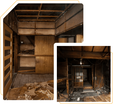 Two views of a deteriorated basement interior with rotted framing and debris before repair